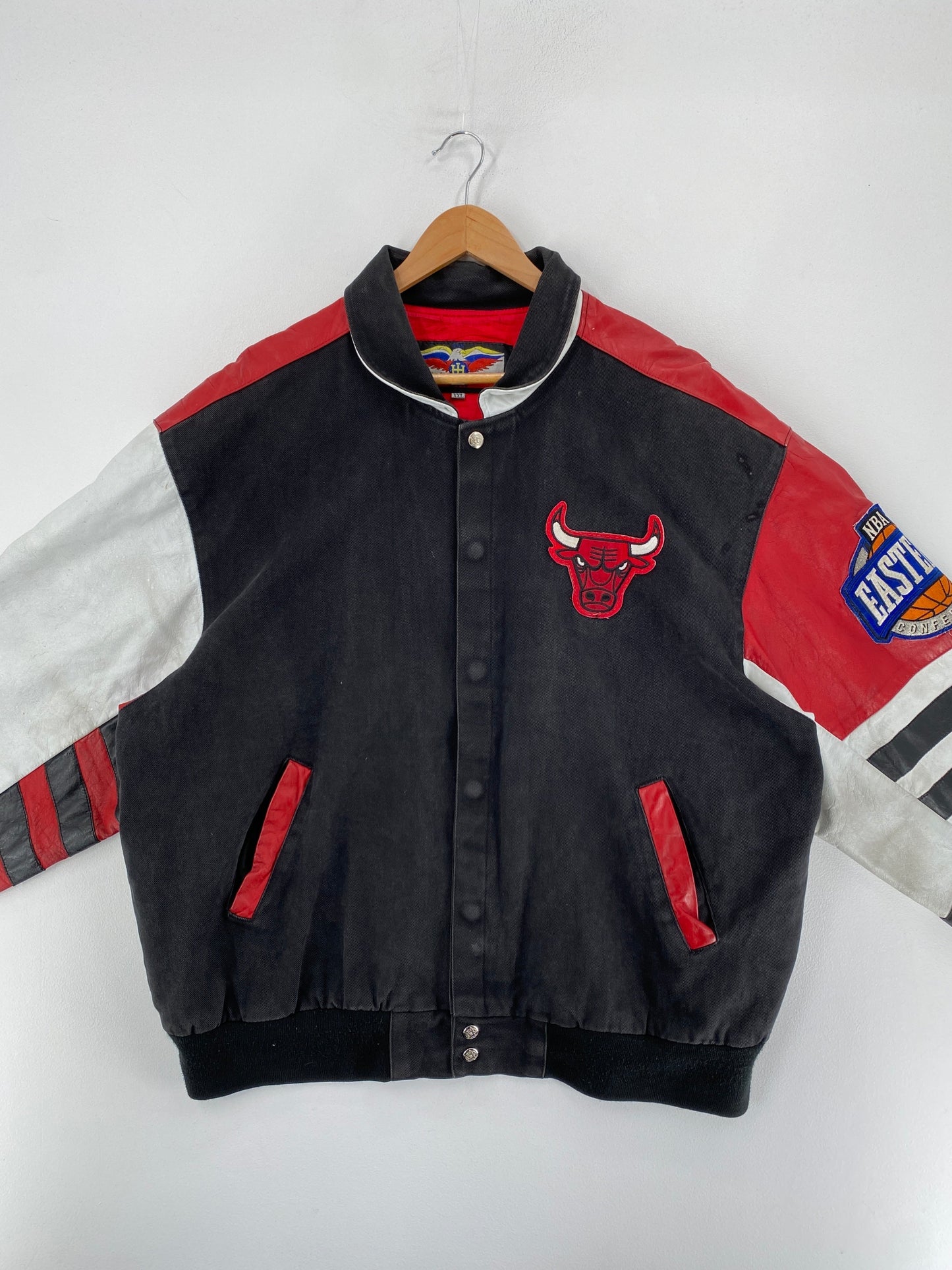 1995 CHICAGO BULLS Made in USA Size XXL Vintage NBA Leather/Denim Jacket / G5738J
