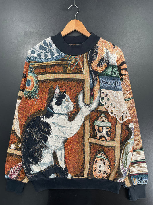 Vintage CAT Size Approx.L Animal Tapestry Sweat-Shirt / G6209S