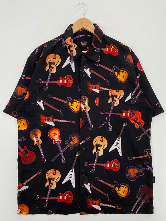 .Vintage GIBSON GUITAR Size L Button Down Short Sleeve Shirt / E8103