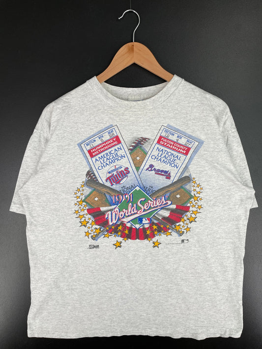 1991 SALEM x MINNESOTA TWINS x BRAVES Made in USA Size XL Vintage MLB T-shirt / E7357T