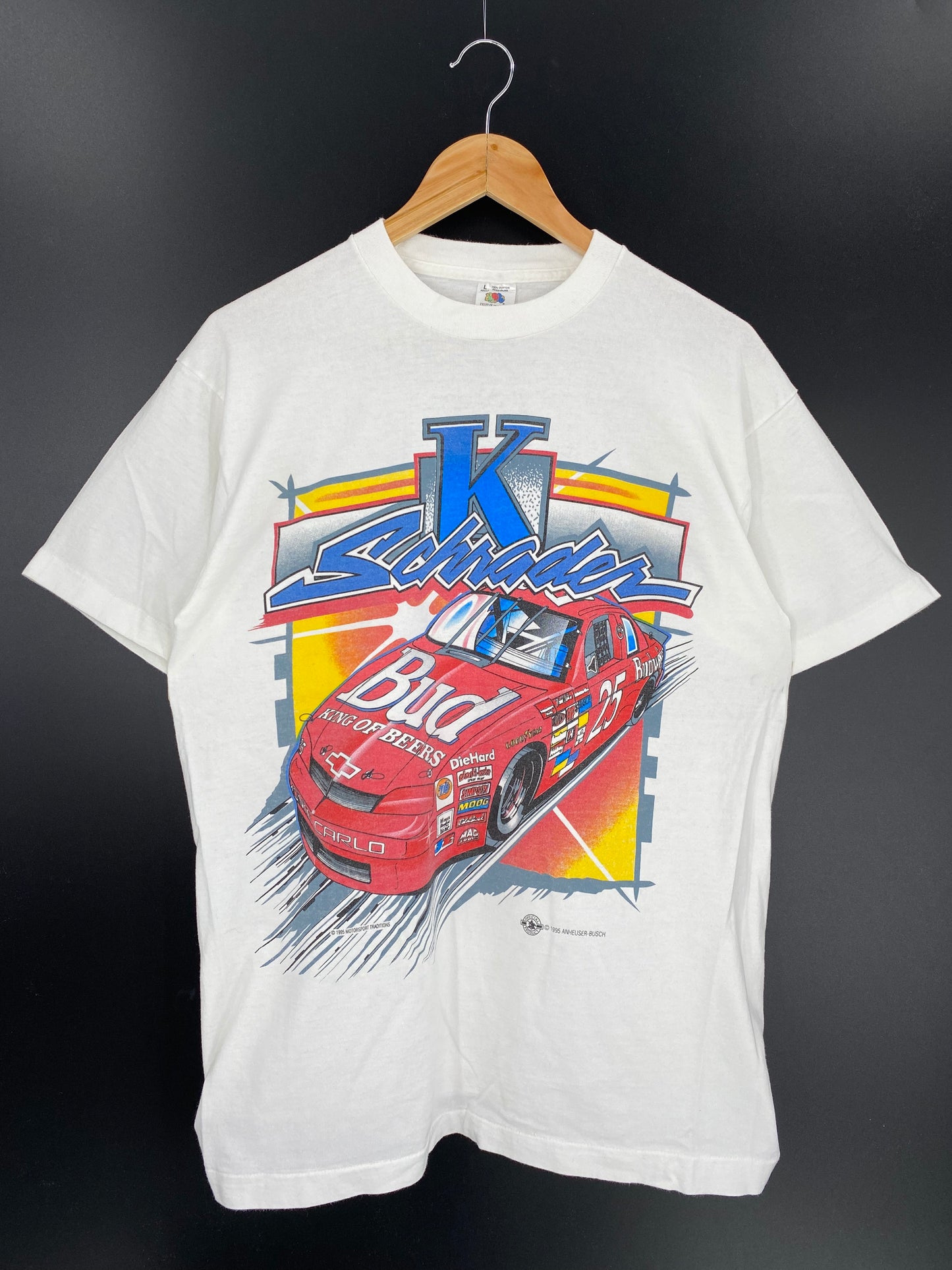 1995 BUD x K SCHRADER Made in USA Size L Vintage Racing T-shirt / 9656