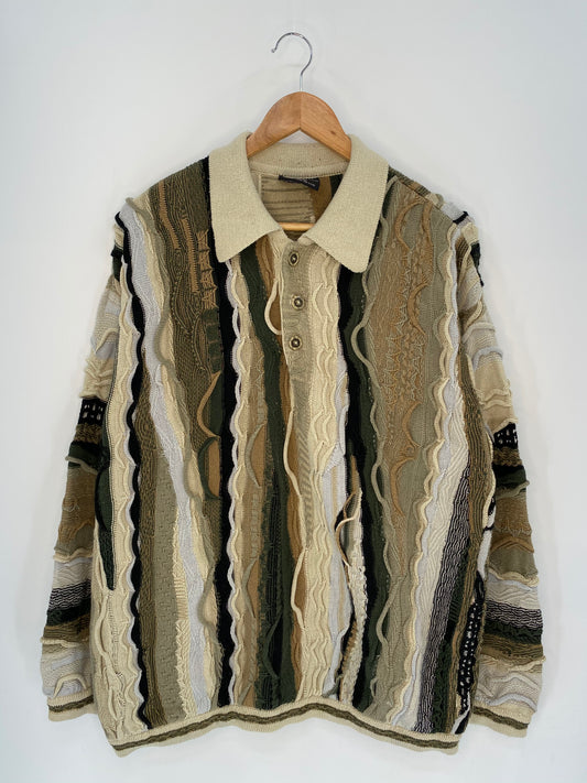 Vintage 3D Coogi-Style Size XL Half-button Knit Sweater / 8985
