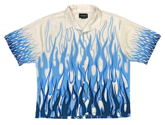 Vintage Fire Pattern Print Short Sleeve Button Down Shirt / 2787