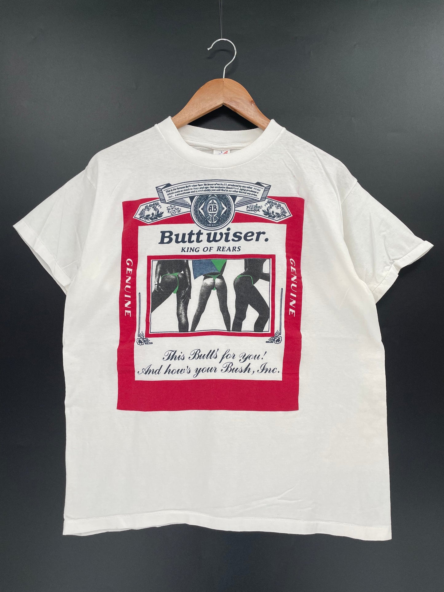 00’ BUDWEISER Parody Buttweiser Size L Vintage T-Shirt / E1097