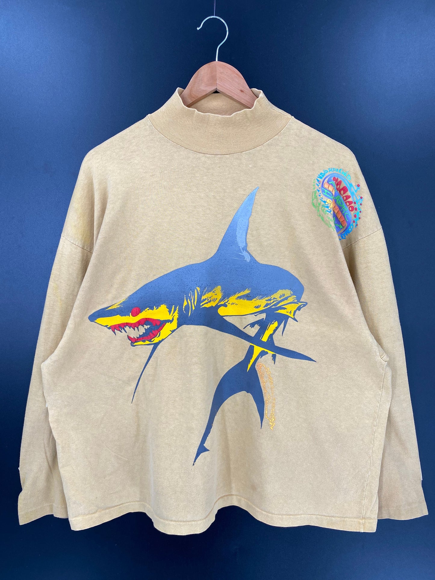 90’s ATLANTIC DESIGN SHARK Made in USA Size No tag(Approx.XL) High-neck Long Sleeve T-Shirt / E5033T