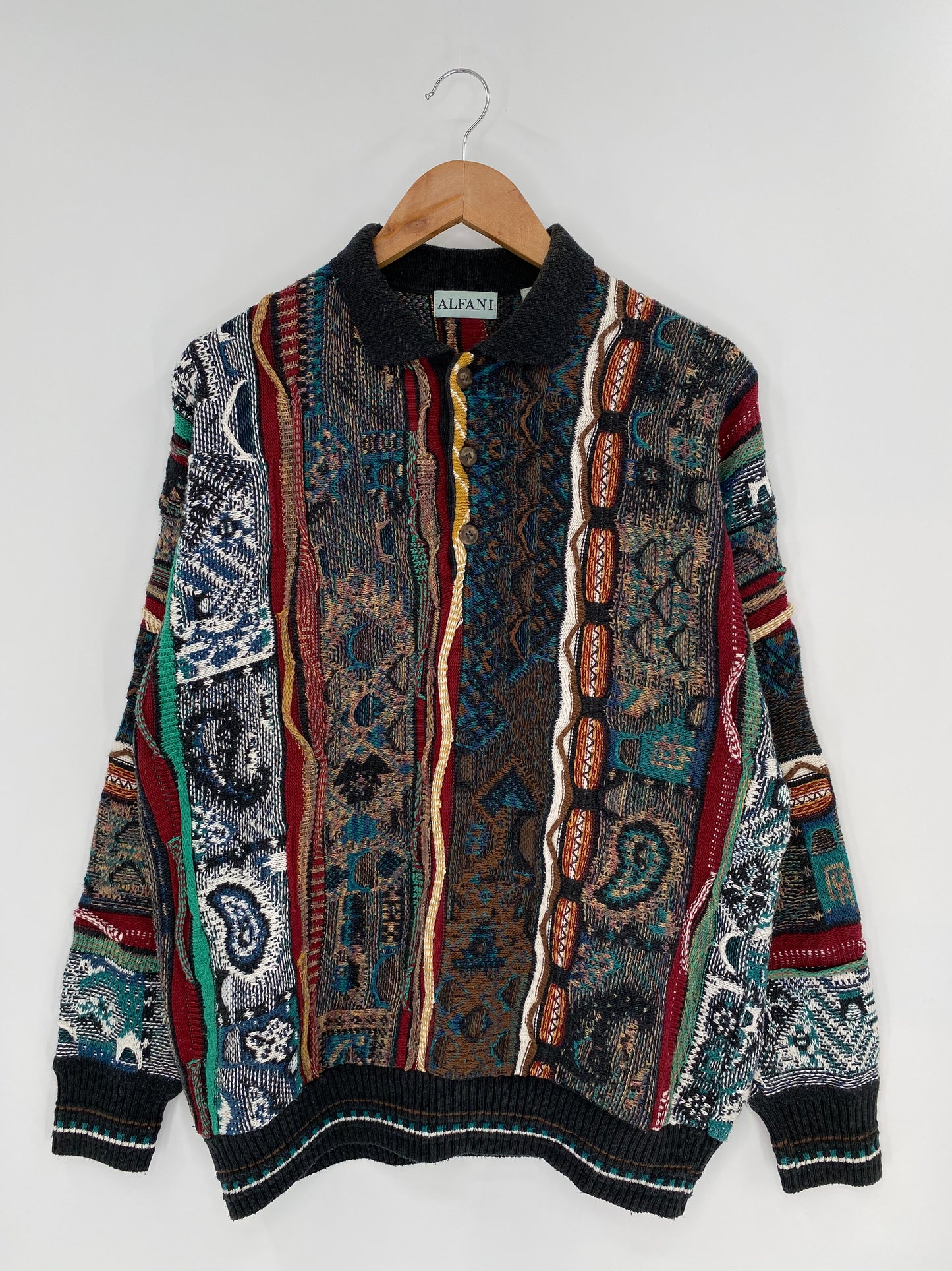 Vintage 3D Coogi-Style Size L Half-button Knit Sweater / 9503