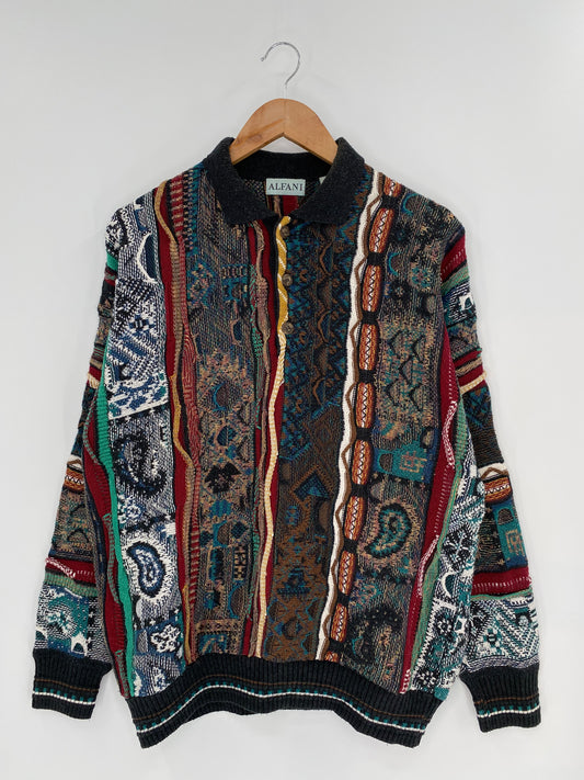 Vintage 3D Coogi-Style Size L Half-button Knit Sweater / 9503