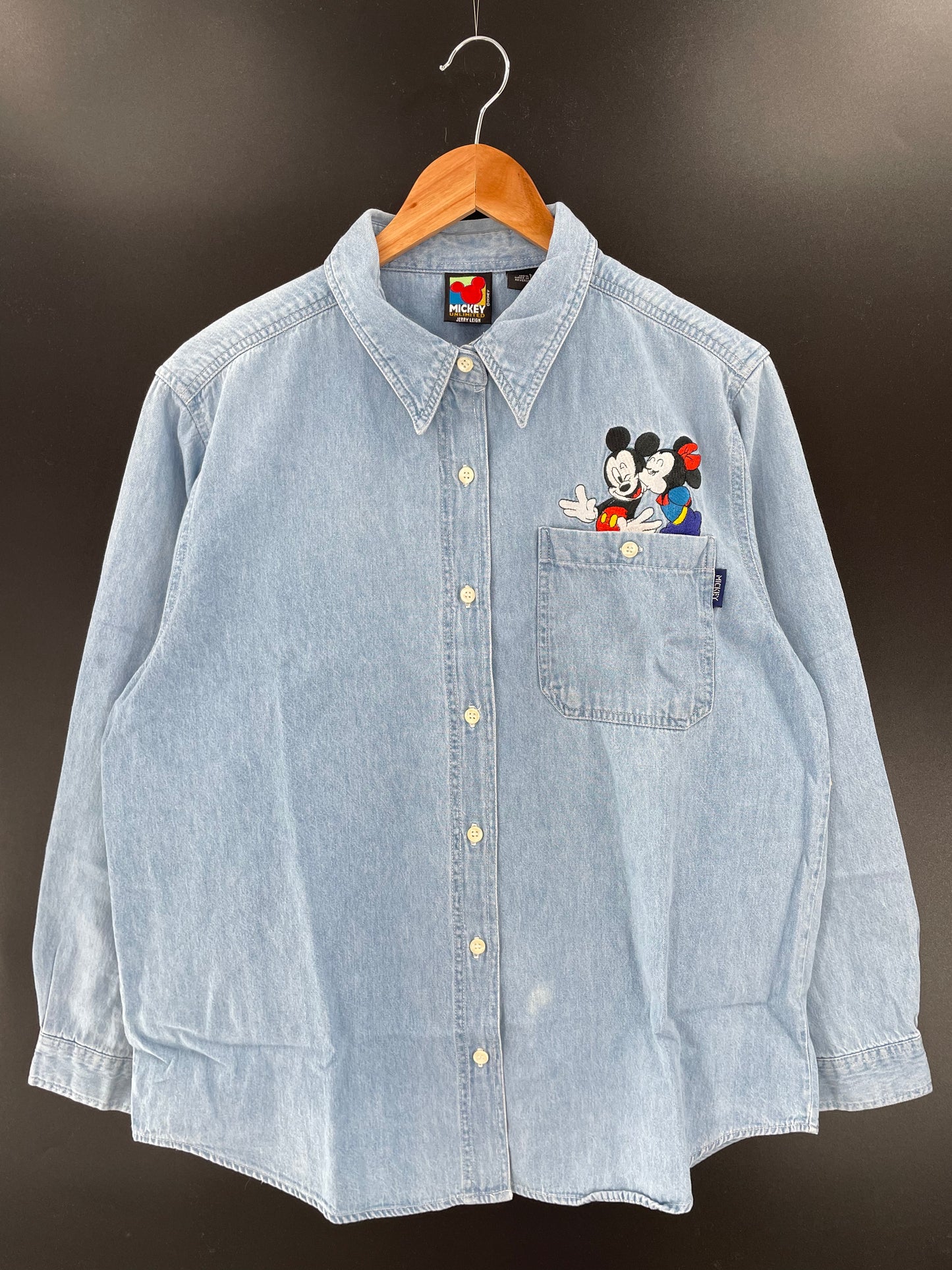90's DISNEY MICKEY x MINNIE Size L Vintage Long Sleeve Denim Shirt / K3368