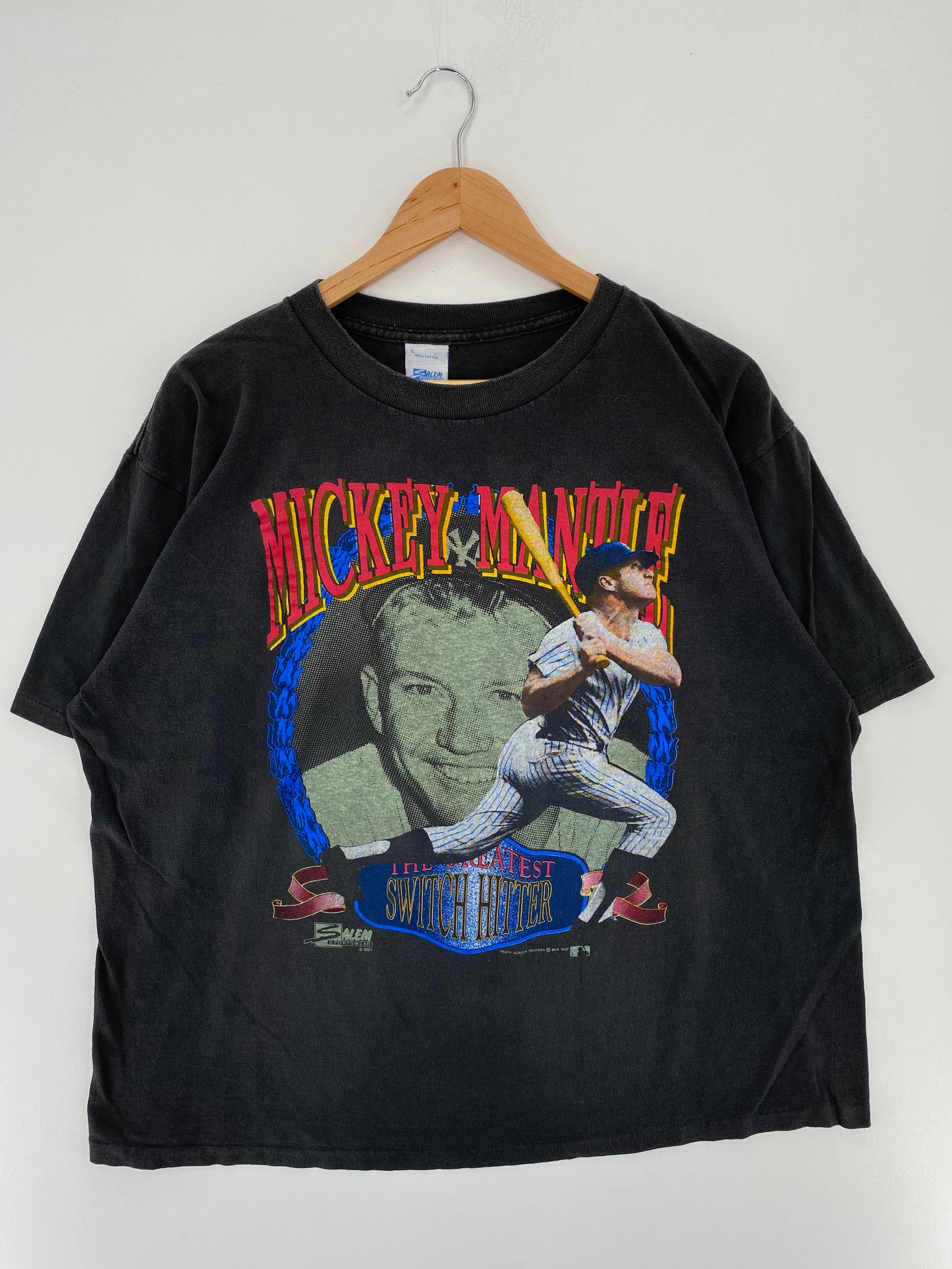 1990 SALEM x MICKEY MANTLE Size XL Vintage MLB T- Shirt / A2826