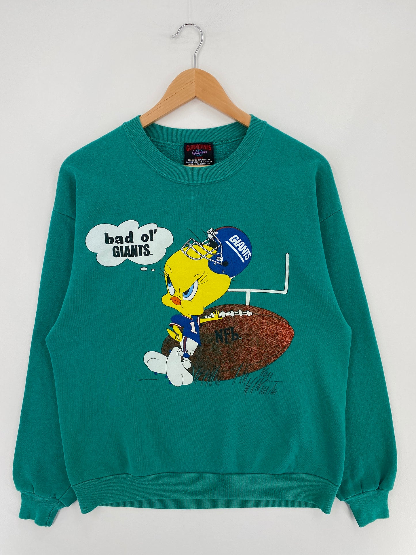 1993 LOONEY TUNES TWEETY X NEW YORK GIANTS Made in USA Size L Vintage NFL Sweat-shirt / E2099S