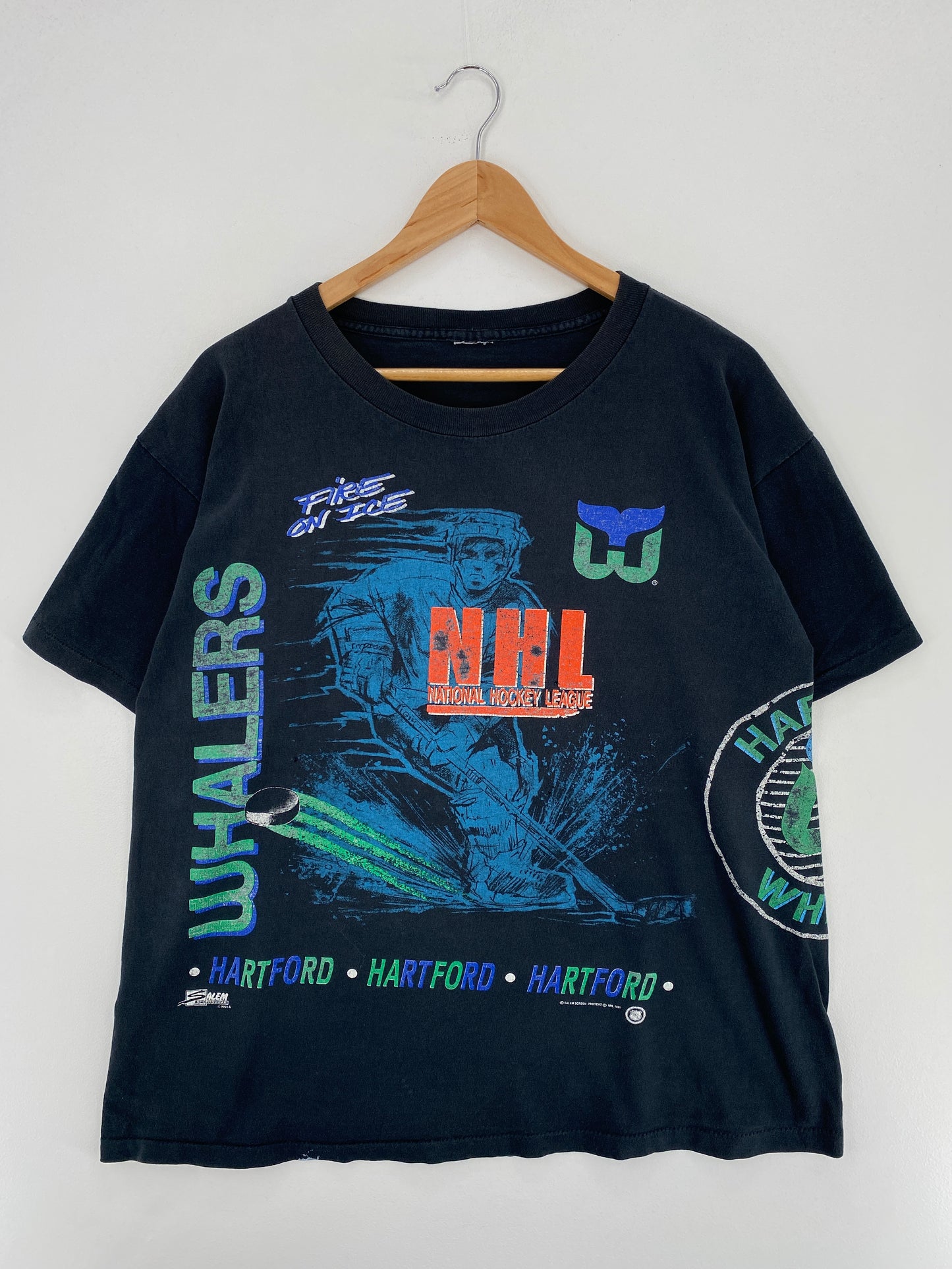 1991 SALEM HARTFORD WHALERS (No tag) Approx. Size XL Vintage NHL T-Shirt / A4990