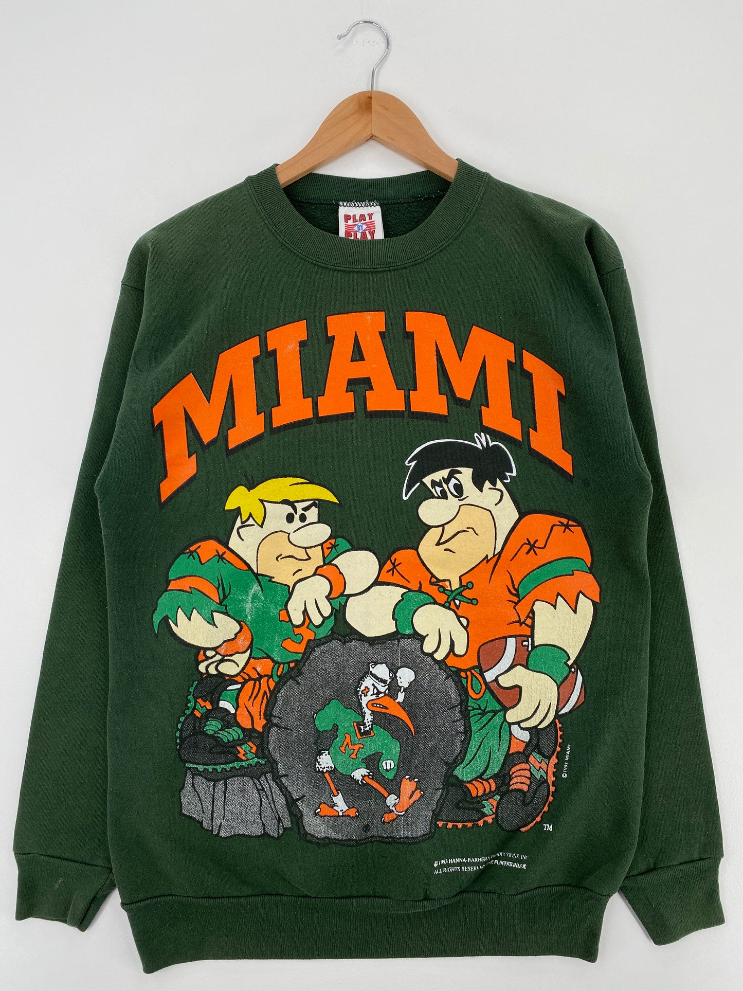 1993 MIAMI HURRICANES x THE FLINTSTONES Made in USA Size L Vintage College Sweat-Shirt / A3898