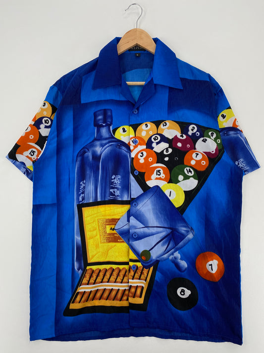Vintage FERUGINI BILLIARDS CIGARS DRINKS Size S Button Down Short Sleeve Shirt / A3983