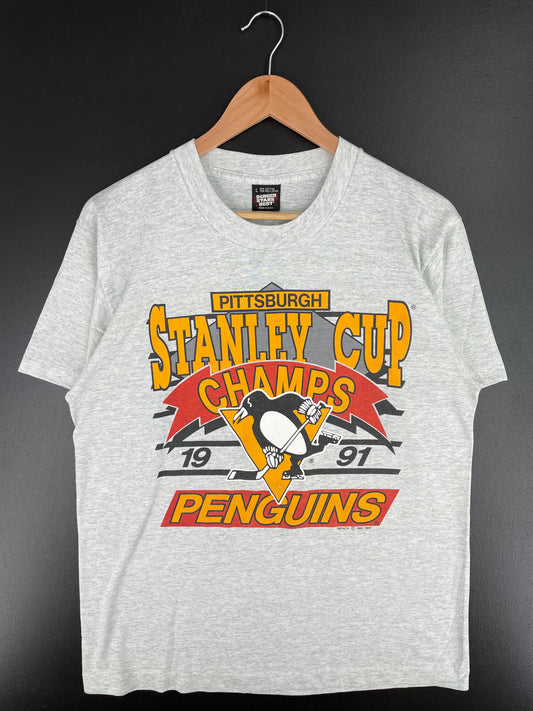 1991 PITTSBURGH PENGUINS Made in USA Size L Vintage NHL T-Shirt / A3845