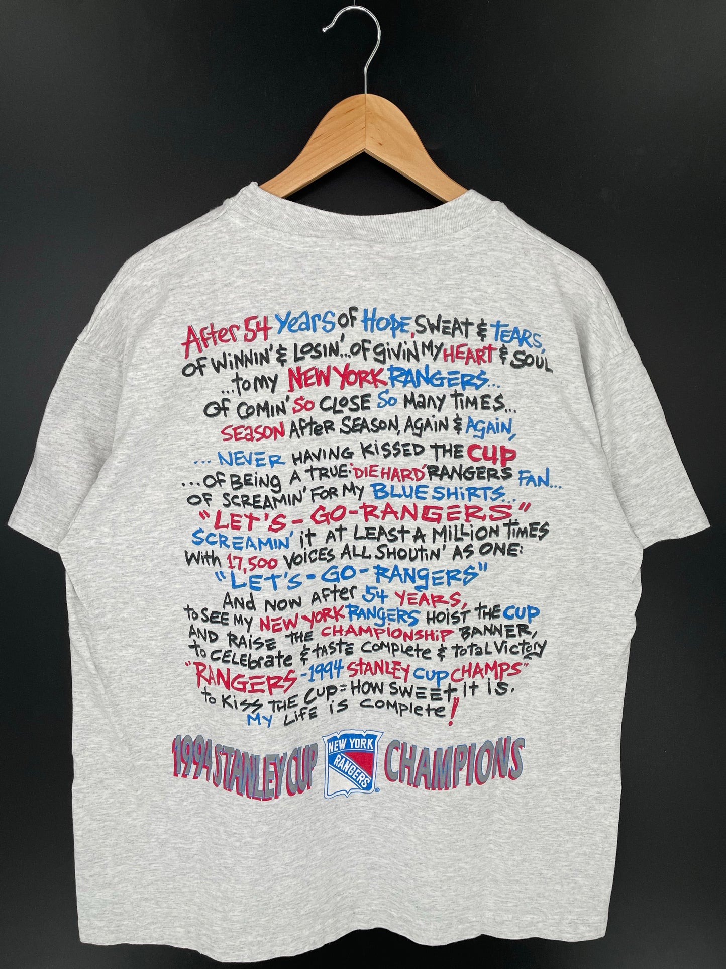 1994 NEW YORK RANGERS THE KISS CUP Made in USA Size XL Vintage NHL T-shirt / K9158