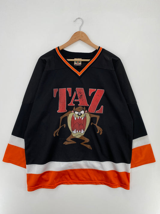 .90's LOONEY TUNES TAZ Made in USA Size L Vintage  Hockey Game Shirt / E704