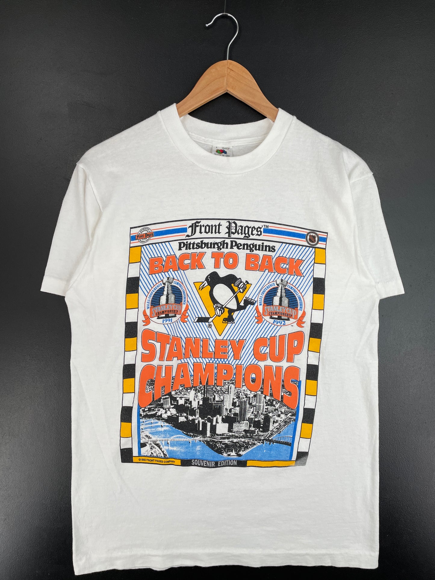 1992 STANLEY CUP PITTSBURGH PENGUINS Made in USA Size L Vintage NHL T-Shirt / E4255T
