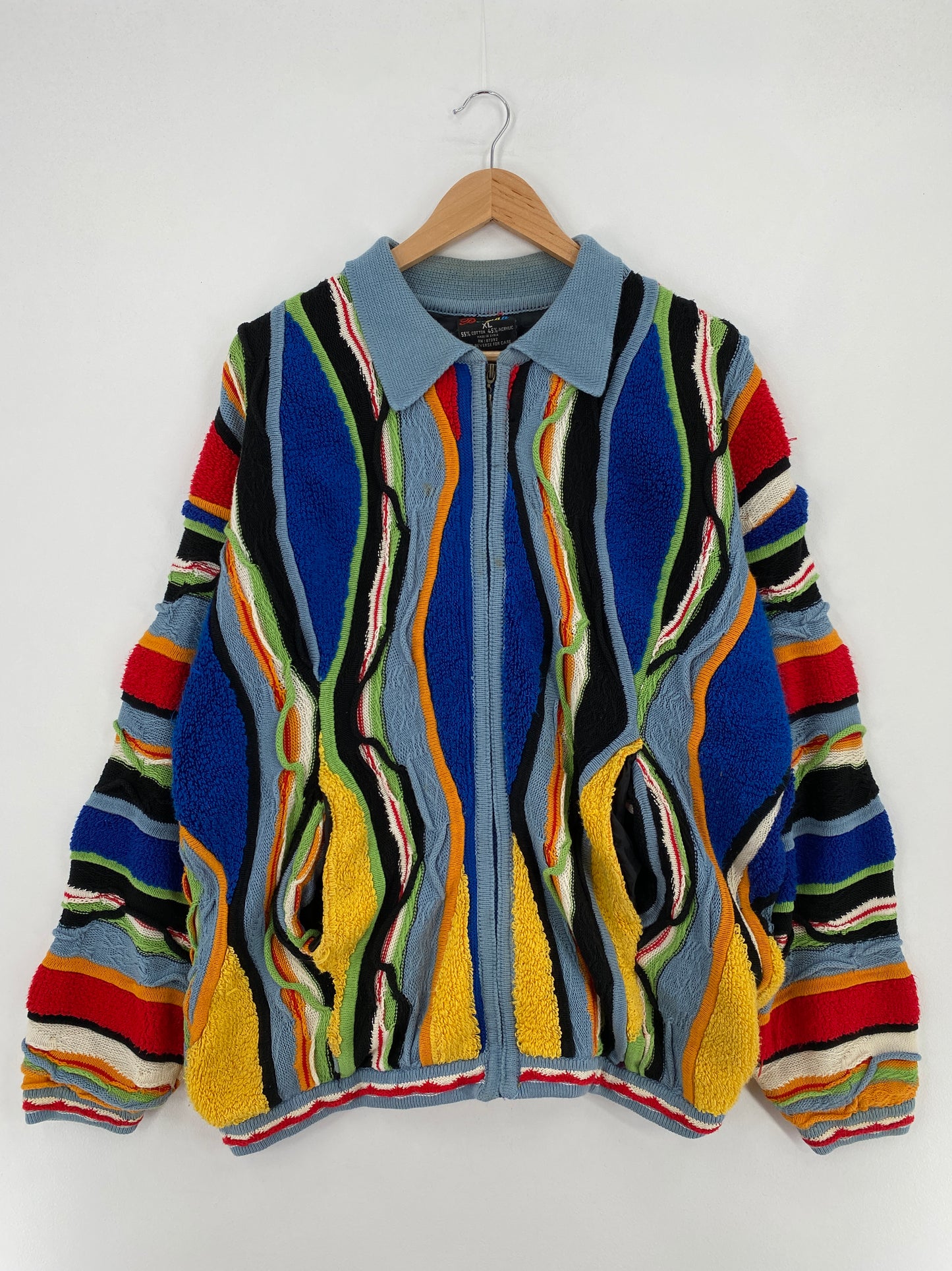 Vintage 3D COOGI- Style Size XL Knit Sweater Zip Up Jacket/ E771