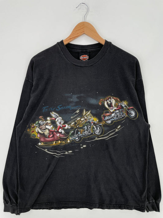 .2000 HARLEY DAVIDSON x LOONEY TUNES CHRISTMAS Made in USA Size XL Vintage Long Sleeve T-shirt / E974