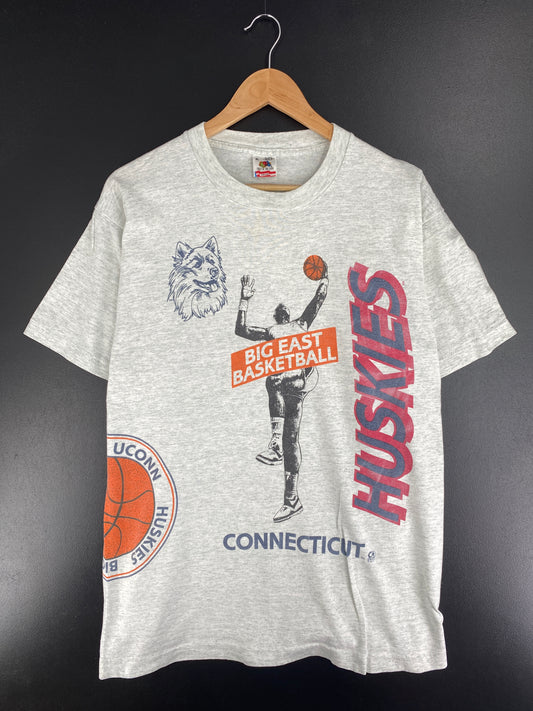 1992 HUSKIES UCONN BASKETBALL Made in USA Size XL Vintage College T-Shirt / A5454