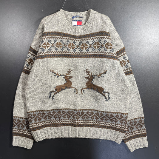 (L) 90's TOMMY HILFIGER REINDEER Vintage Hand Knit Wool Sweater / A1192K