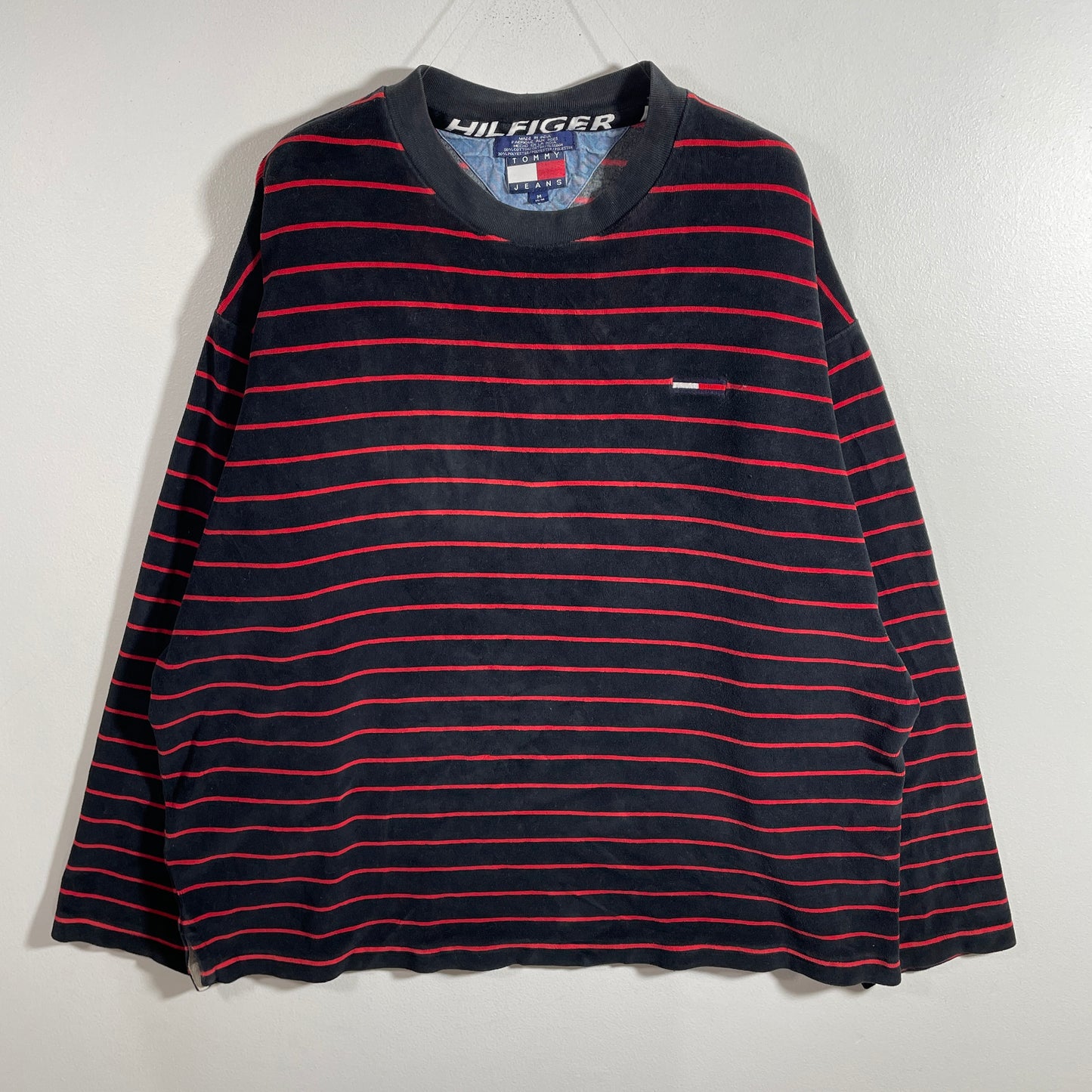 (M) 90’s TOMMY JEANS Striped Velour Long Sleeve T-shirt / A1325T