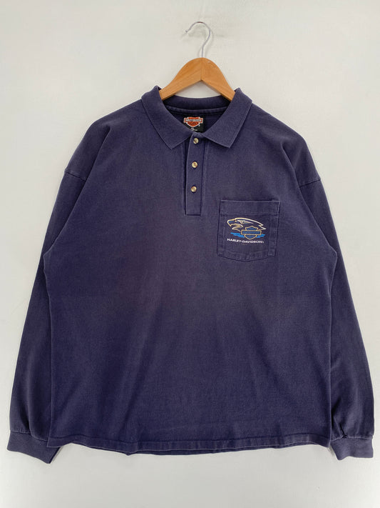 90's HARLEY DAVIDSON Made in USA Size XL Vintage long Sleeve Polo Shirt / G3173B