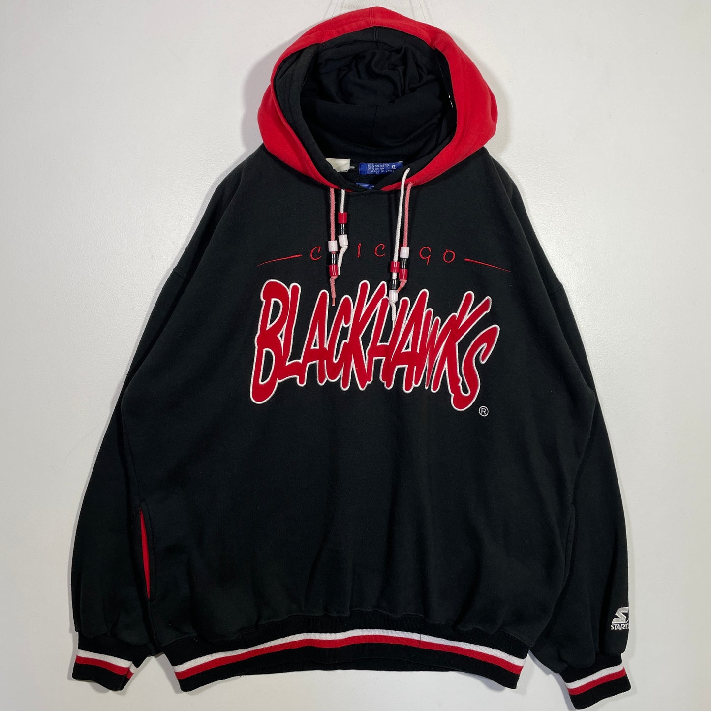 (XL) 90’s STARTER x CHICAGO BLACKHAWKS Vintage NHL Double Hoodie Sweatshirt / A0579S