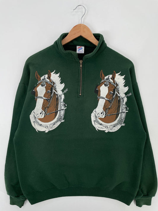 90's HORSE Made in USA Size L Vintage Animal Half Zip Sweat-Shirt / E9518S