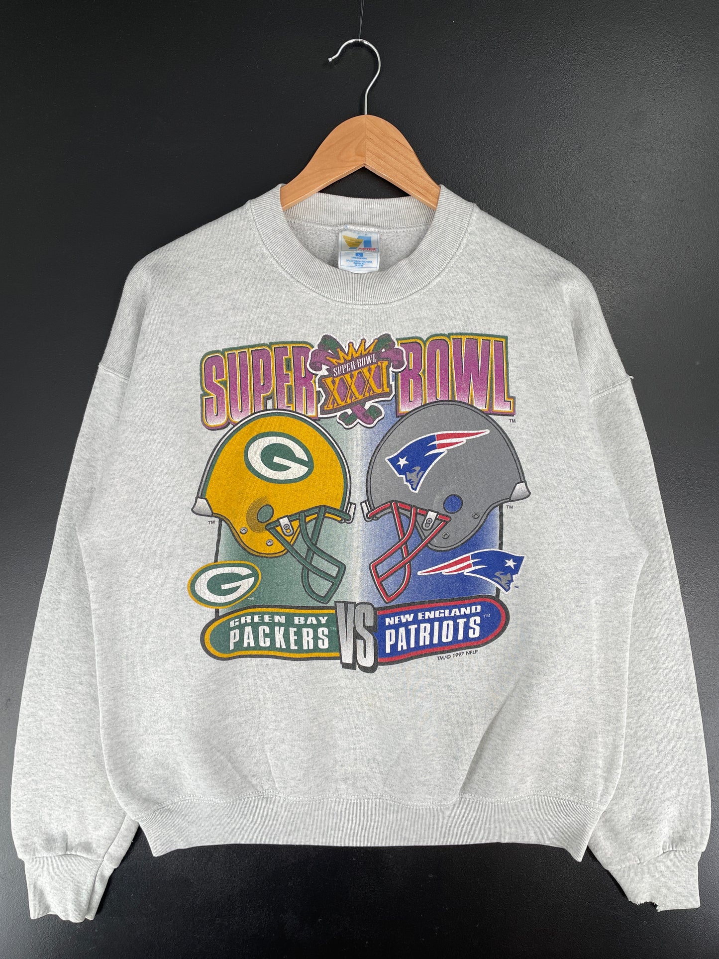 1997 GREEN BAY PACKERS x NEW ENGLAND PATRIOTS Made in USA Size L Vintage NFL Sweat-Shirt / E7099S