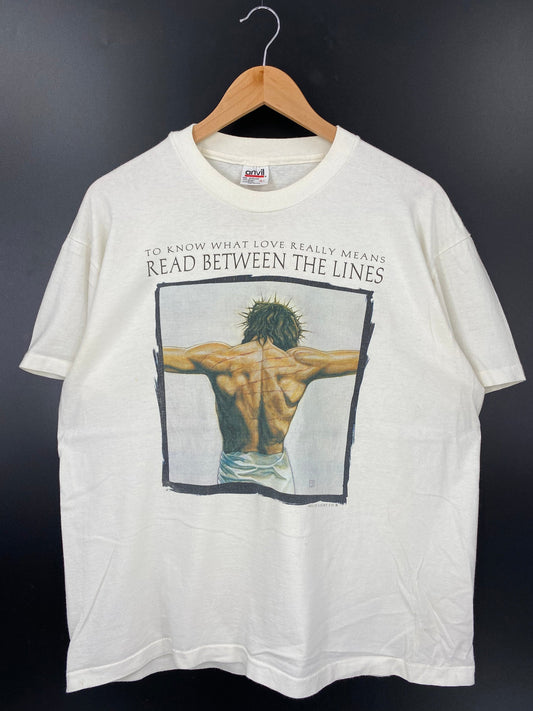 90's READ BETWEEN THE LINES Made in USA Size L Vintage T-shirt / E9248T