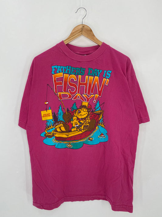 90's Fishing Bear Size Approx. XL Vintage T-Shirts / 6202