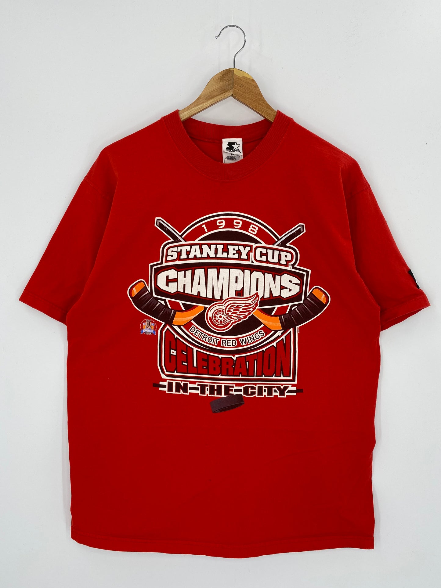1998 STARTER Detroit Red Wings Champion Size L Vintage NHL T-shirt / 7922
