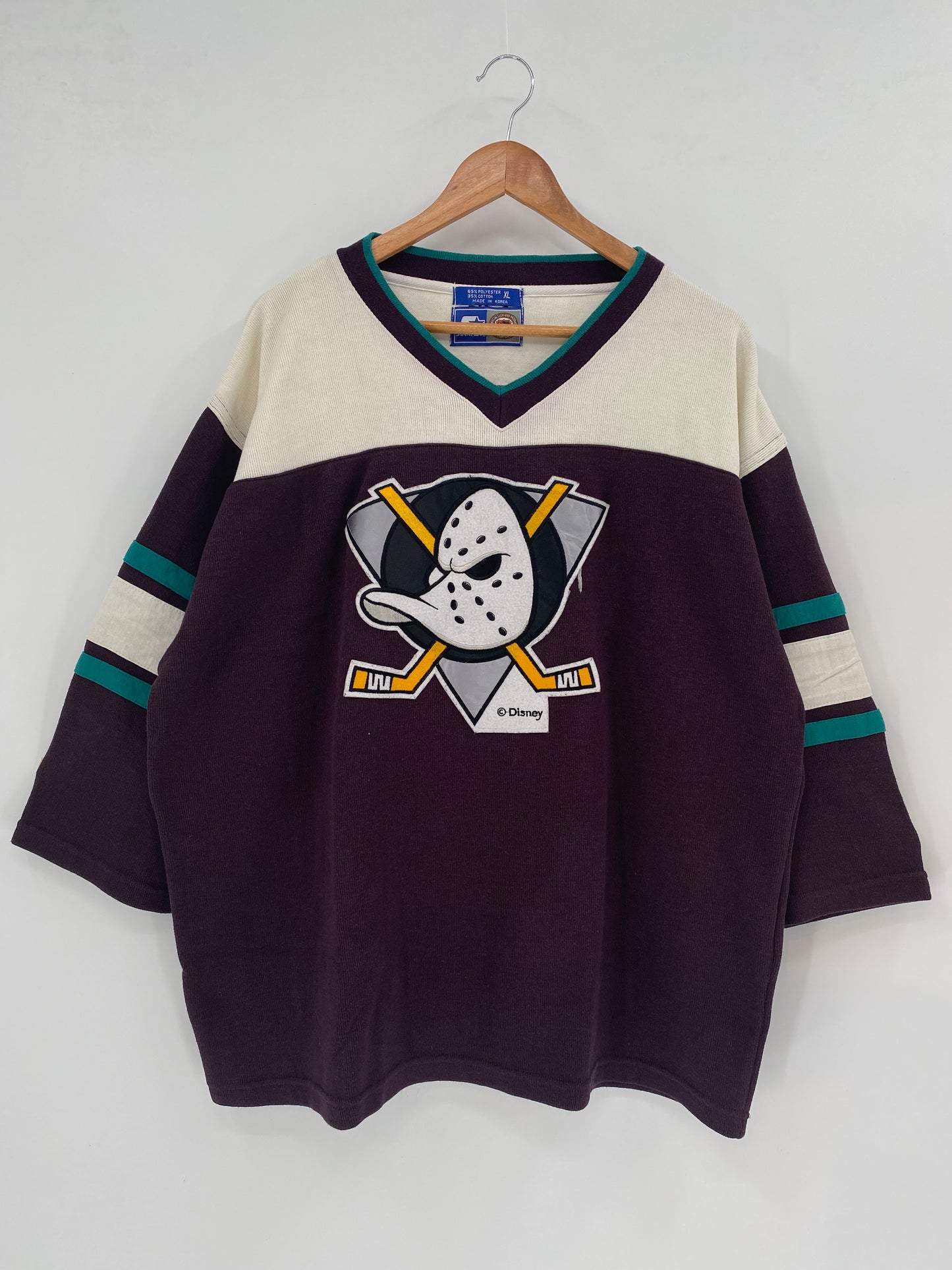 90's STARTER DISNEY MIGHTY DUCKS Size XL Vintage NHL 3/4 Sleeve Uniform Shirt / K2028
