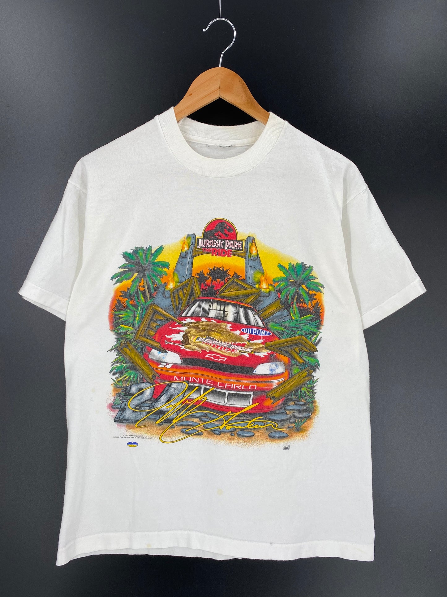 1997 JURASSIC PARK THE RIDE x DUPONT Size No Tag (Approx. L) Vintage Racing T-shirt / 9299