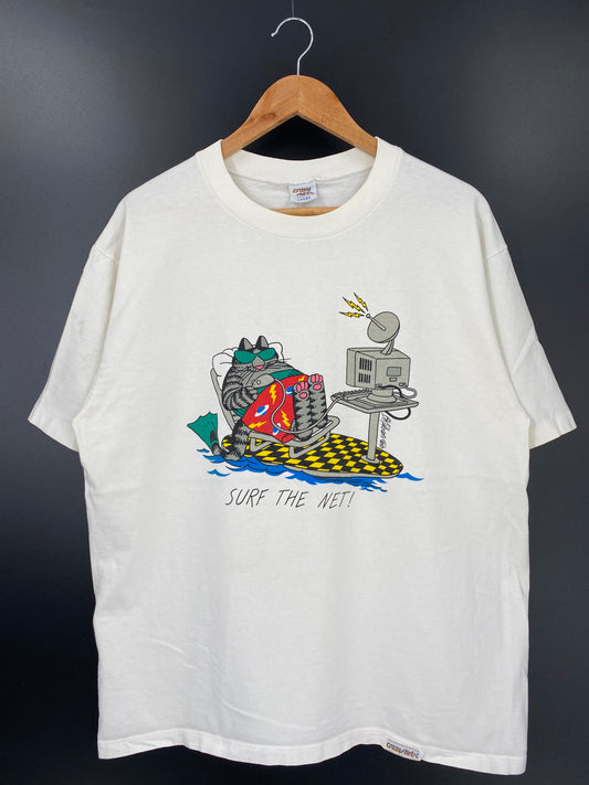 VINTAGE CRAZY SHIRT SURF THE NET MADE IN USA Size L Vintage T-Shirts / K1467