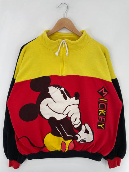 90's DISNEY MICKEY Made in USA Size (Approx.XL) Vintage Half-Zip Sweat-shirt / E2470S