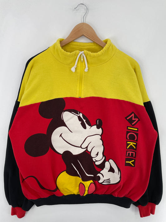 90's DISNEY MICKEY Made in USA Size (Approx.XL) Vintage Half-Zip Sweat-shirt / E2470S
