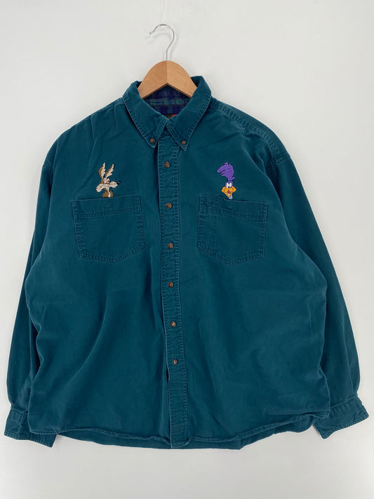 90's LOONEY TUNES WILE E. COYOTE AND ROAD RUNNER Size XL Vintage Button-Down Shirt / A2483