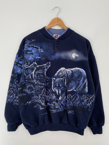 90's WOLVES Made in USA Size L Vintage Half Button Down Sweat-Shirt / A9629