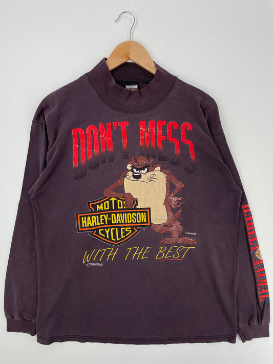 1992 HARLEY DAVIDSON x LOONEY TUNES TAZ Size No Tag (Approx.L) Vintage Lone Sleeve T-Shirt / A534