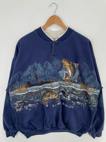 90's BASS FISH Made in USA Size XL Vintage Animal Sweat-Shirt / E351