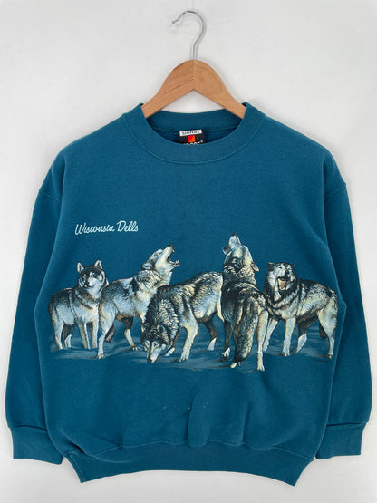 90's WISCONSIN DELLS WOLF Made in USA Size M Vintage Animal Sweat-Shirt / E48