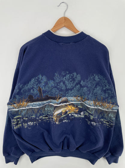 90's BASS FISH Made in USA Size XL Vintage Animal Sweat-Shirt / E351