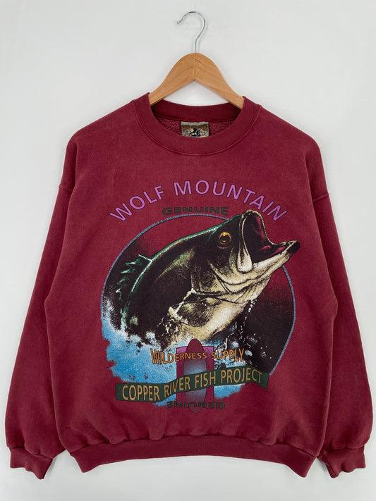 90's BLACK BASS WOLF MOUNTAIN Made in USA Size L Vintage Animal Sweat-Shirt / E1036