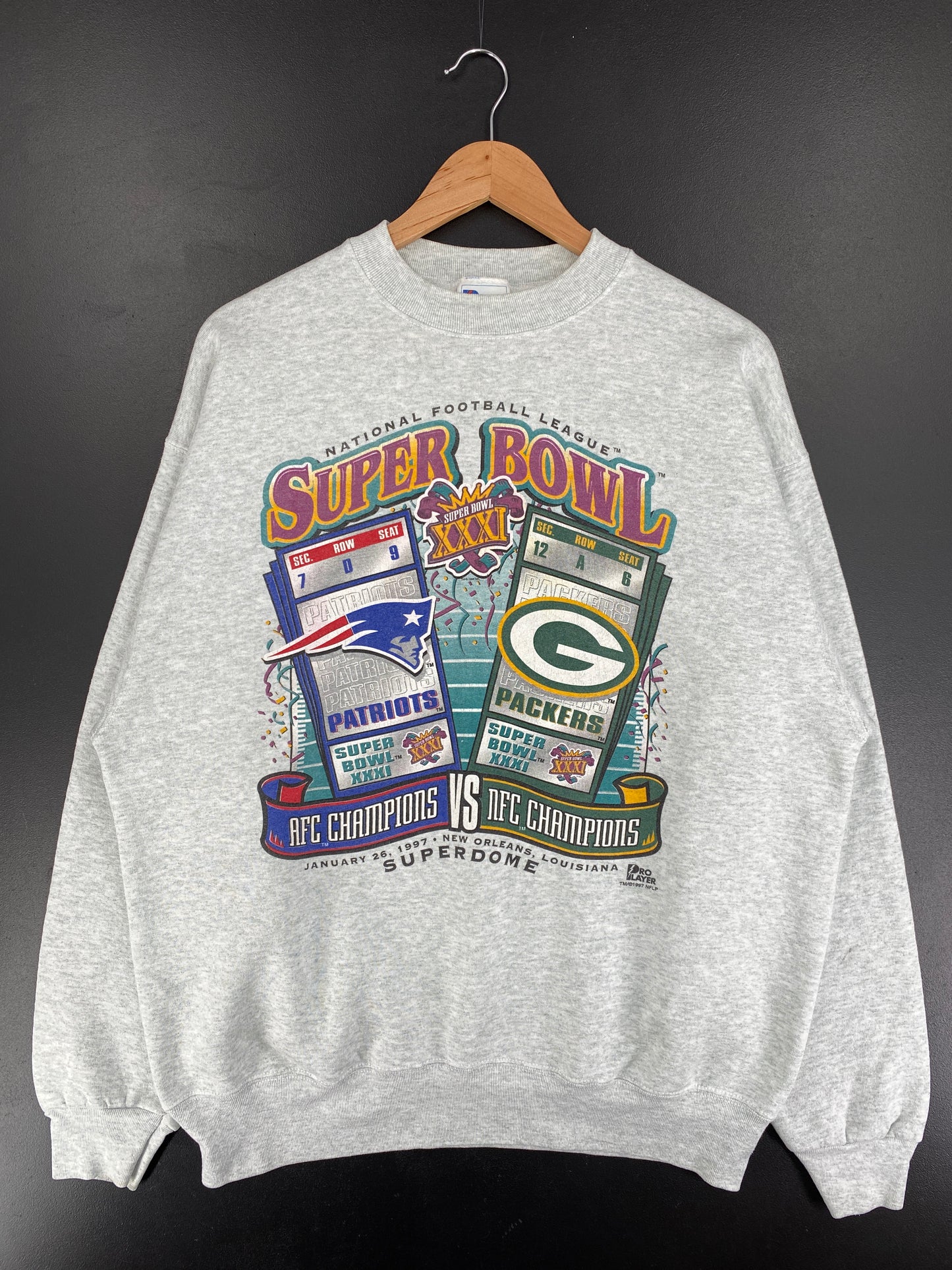 1997 SUPER BOWL NEW ENGLAND PATRIOTS x BREEN BAY PACKERS Made in USA Size Vintage NFL Sweat-Shirt / E5985S