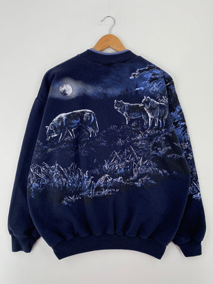 90's WOLVES Made in USA Size L Vintage Half Button Down Sweat-Shirt / A9629